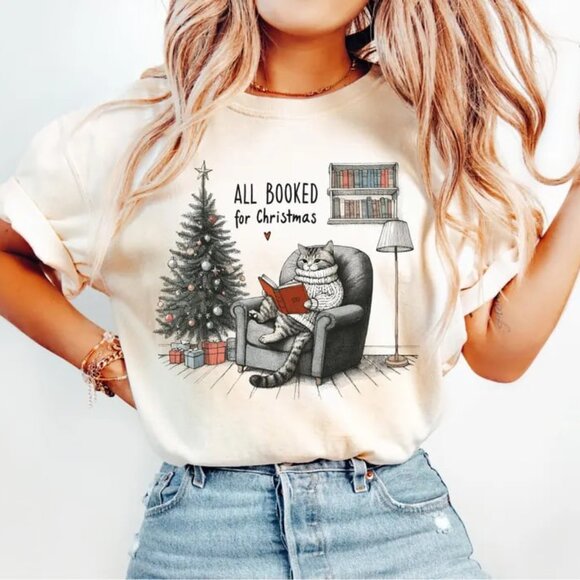 Tops - All Booked For Christmas Shirt, Book And Cat Shirt, Christmas Shirt, Cat Lover